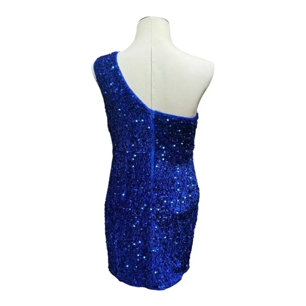 One Shoulder Velvety Sequin Mini Dress Blue Medium